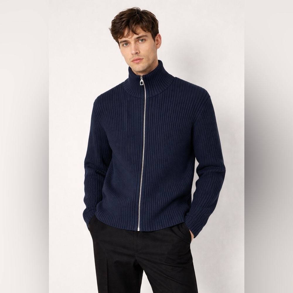 Sandro Men's Navy Ribbed Zip-Up Wool Blend Sweater size M
